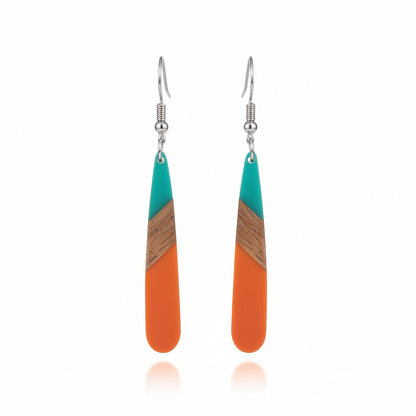 Mint Green & Orange Resin Wood Silvertone Teardrop Hook Earrings