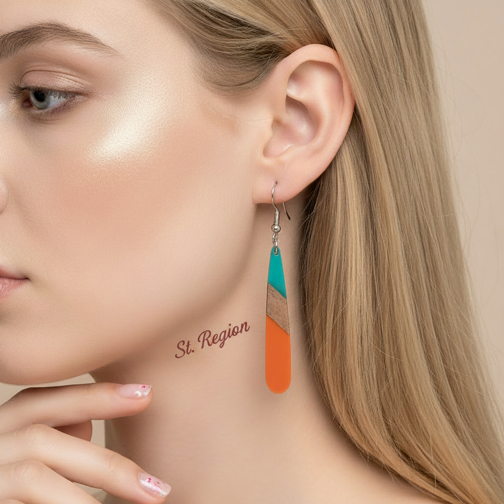 Mint Green & Orange Resin Wood Silvertone Teardrop Hook Earrings