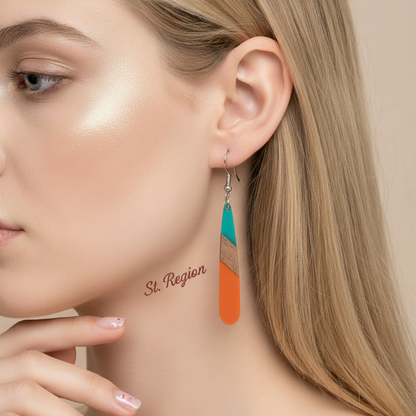 Mint Green & Orange Resin Wood Silvertone Teardrop Hook Earrings