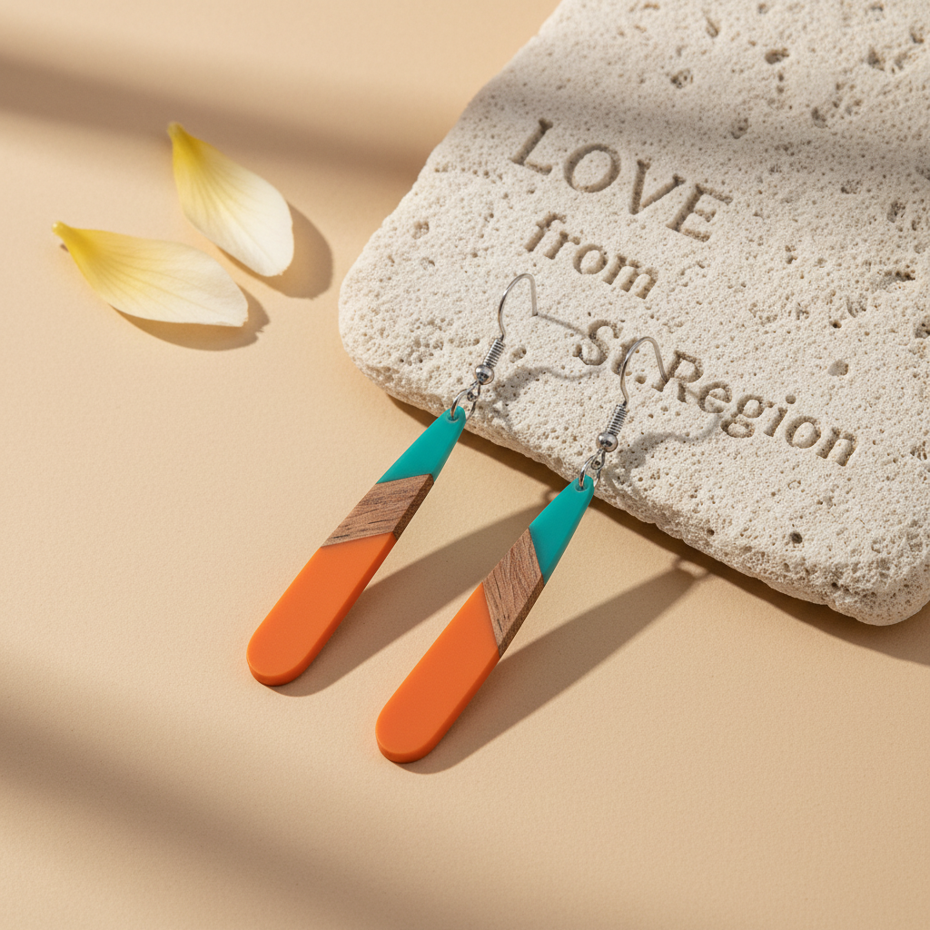 Mint Green & Orange Resin Wood Silvertone Teardrop Hook Earrings