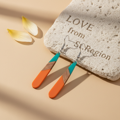 Mint Green & Orange Resin Wood Silvertone Teardrop Hook Earrings