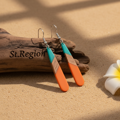 Mint Green & Orange Resin Wood Silvertone Teardrop Hook Earrings