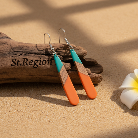 Mint Green & Orange Resin Wood Silvertone Teardrop Hook Earrings