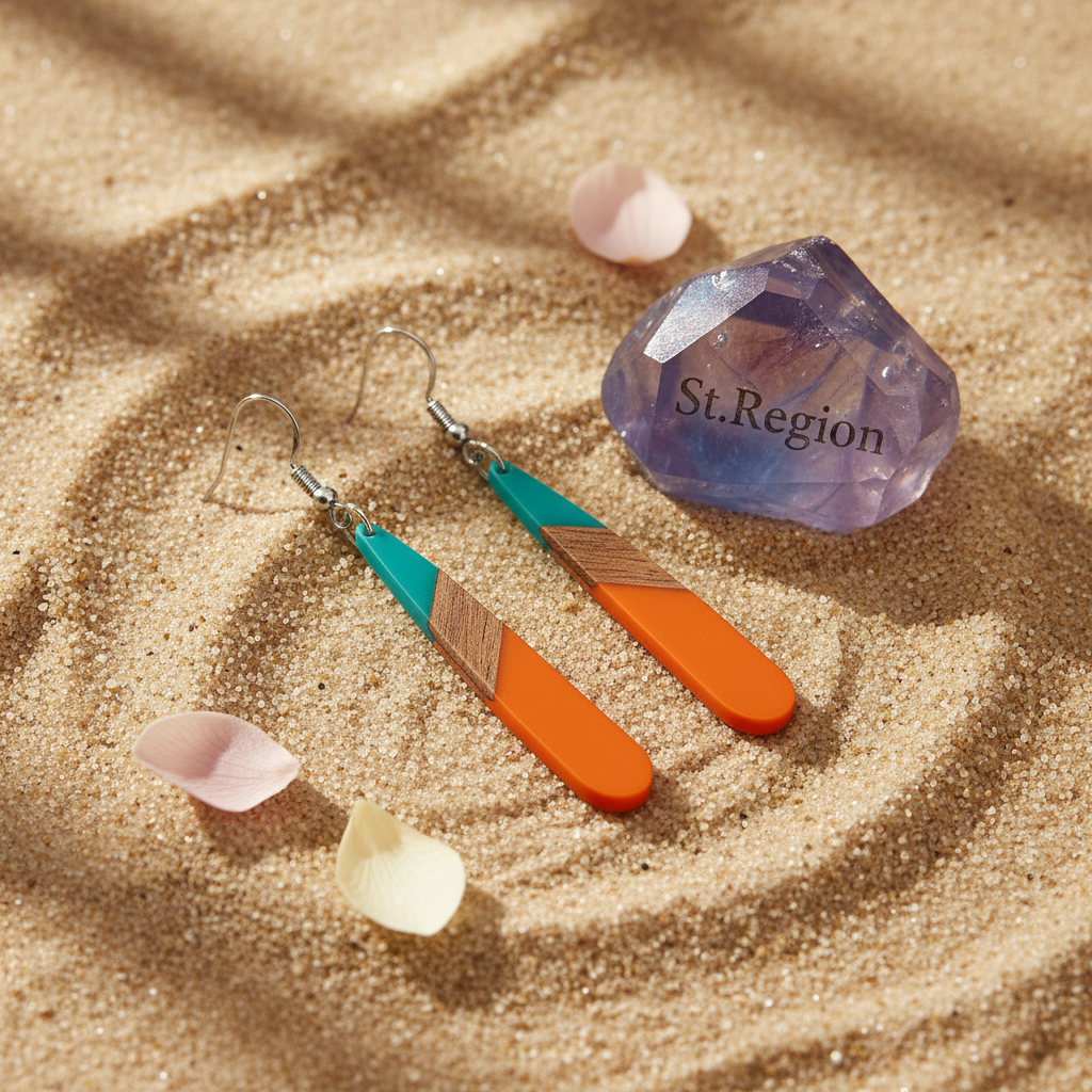 Mint Green & Orange Resin Wood Silvertone Teardrop Hook Earrings