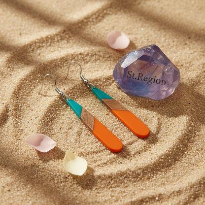 Mint Green & Orange Resin Wood Silvertone Teardrop Hook Earrings
