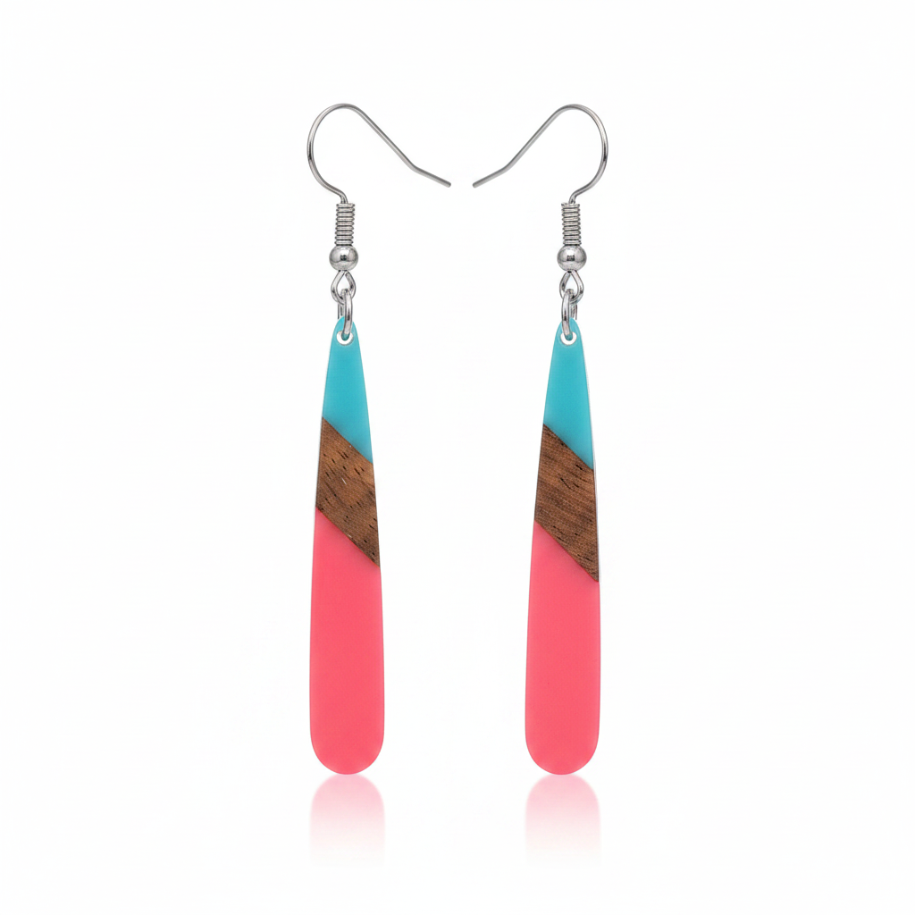 Cyan & Rose Resin Wood Silvertone Teardrop Hook Earrings