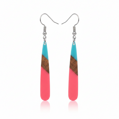 Cyan & Rose Resin Wood Silvertone Teardrop Hook Earrings