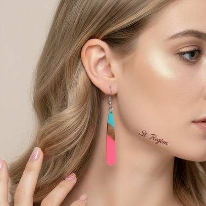 Cyan & Rose Resin Wood Silvertone Teardrop Hook Earrings
