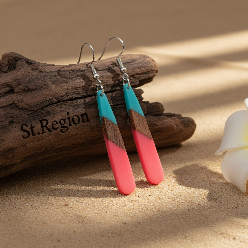 Cyan & Rose Resin Wood Silvertone Teardrop Hook Earrings