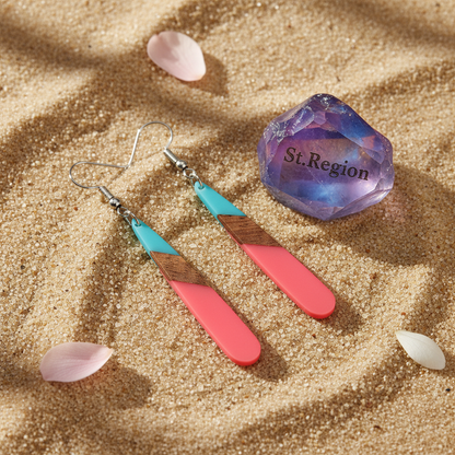 Cyan & Rose Resin Wood Silvertone Teardrop Hook Earrings