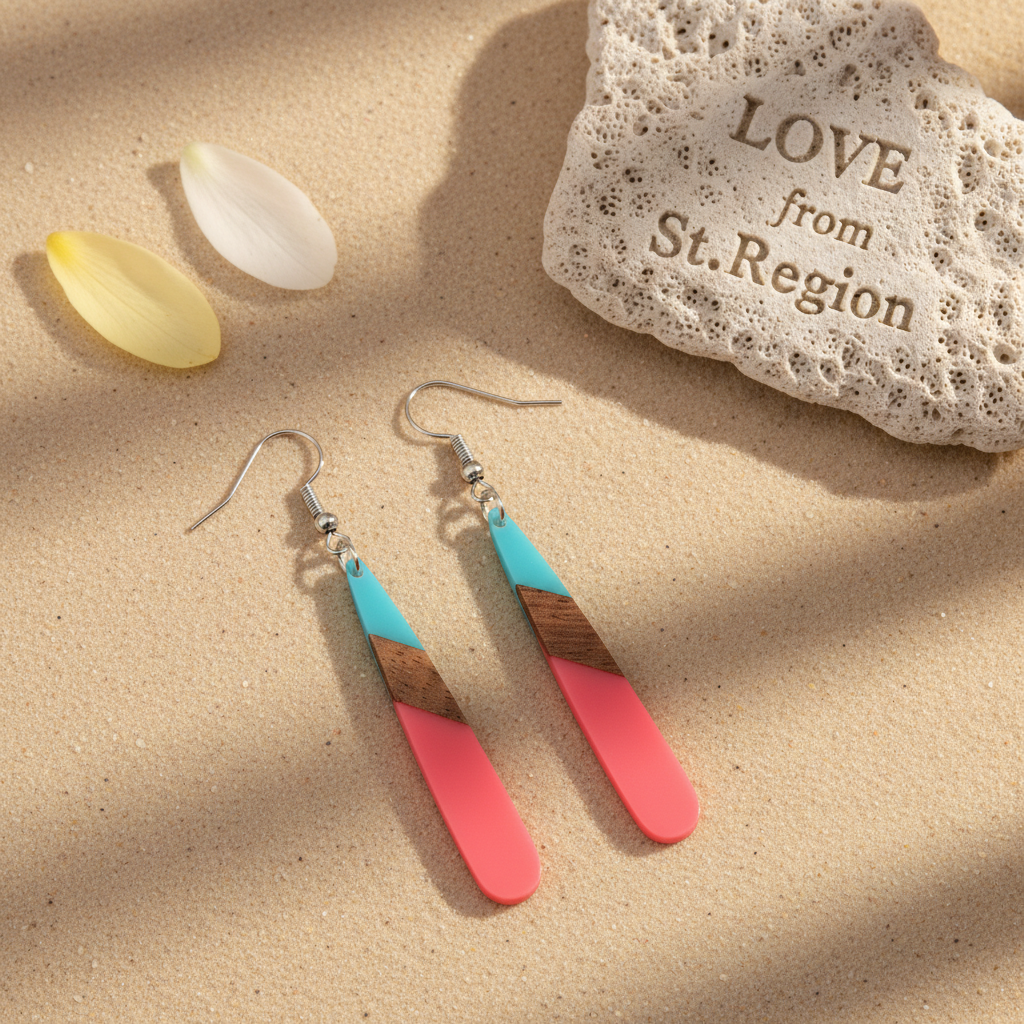 Cyan & Rose Resin Wood Silvertone Teardrop Hook Earrings
