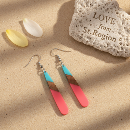 Cyan & Rose Resin Wood Silvertone Teardrop Hook Earrings