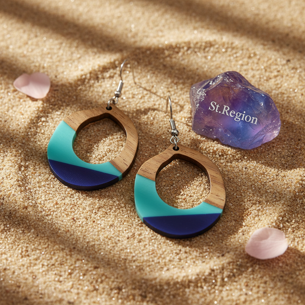 Aqua Resin & Wood Silvertone Open Teardrop Hook Earrings