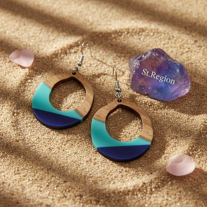 Aqua Resin & Wood Silvertone Open Teardrop Hook Earrings