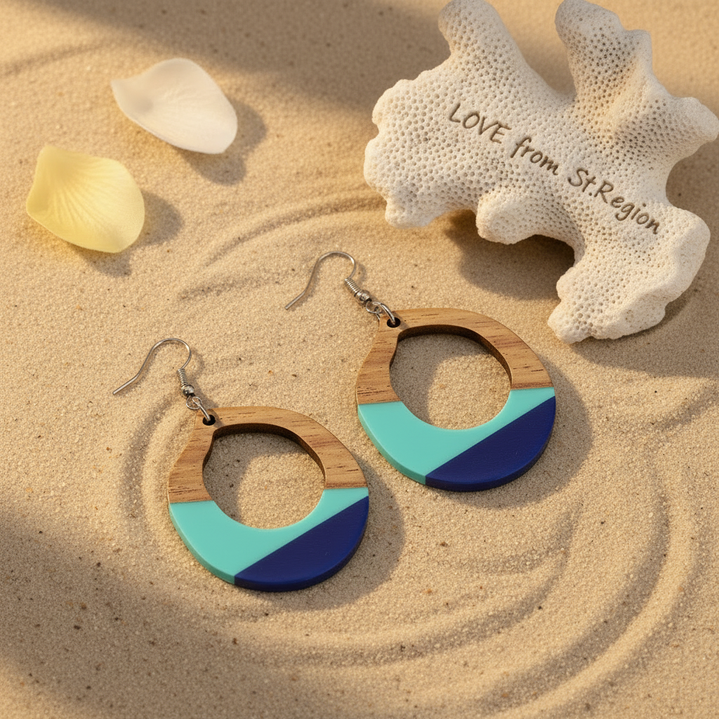 Aqua Resin & Wood Silvertone Open Teardrop Hook Earrings