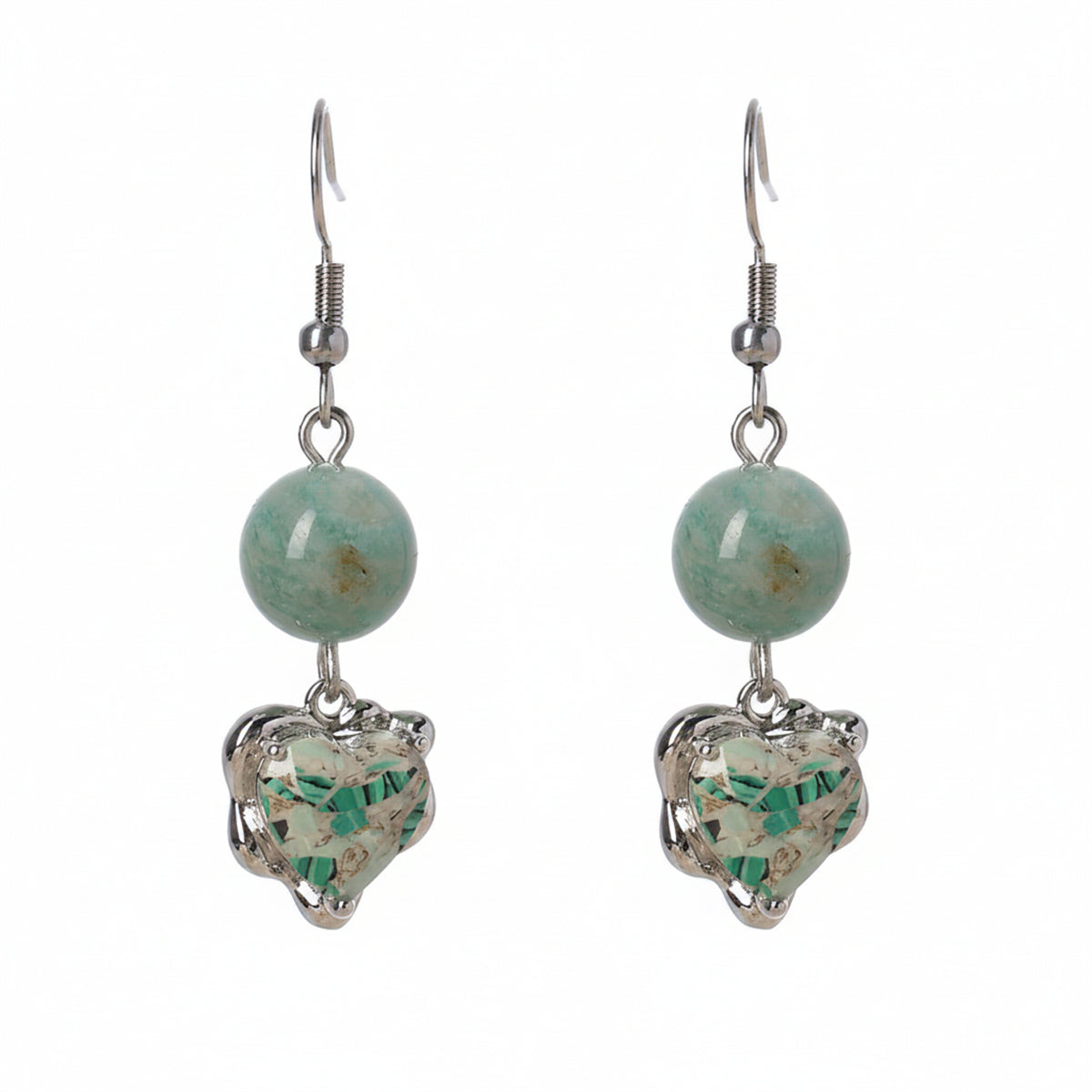 Seafoam Green Jade & Quartz Silvertone Heart Hook Earrings