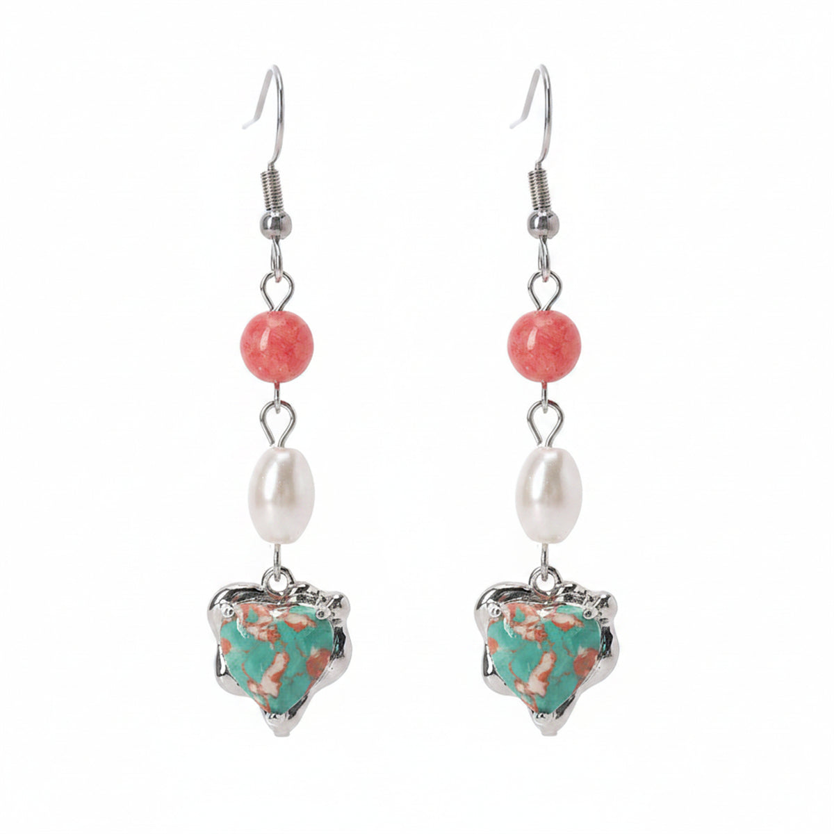 Pink Jade & Turqouise Pearl Silvertone Heart Hook Earrings