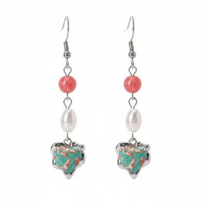 Pink Jade & Turqouise Pearl Silvertone Heart Hook Earrings