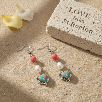 Pink Jade & Turqouise Pearl Silvertone Heart Hook Earrings