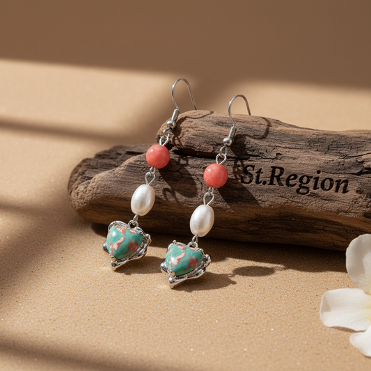 Pink Jade & Turqouise Pearl Silvertone Heart Hook Earrings