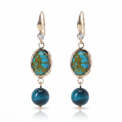 Peacock-Blue Jade & Turqouise Cubic Zirconia Goldtone Oval Round Hook Earrings