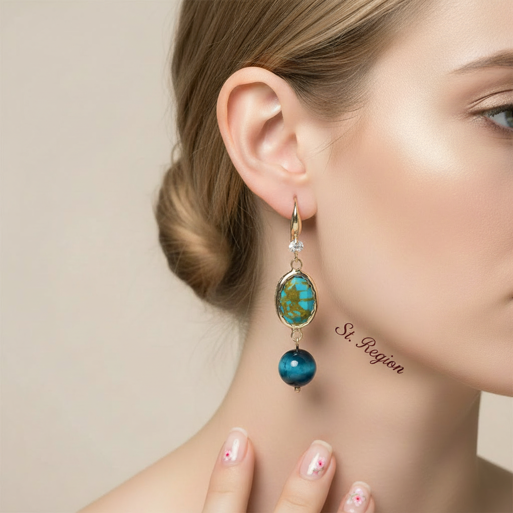 Peacock-Blue Jade & Turqouise Cubic Zirconia Goldtone Oval Round Hook Earrings