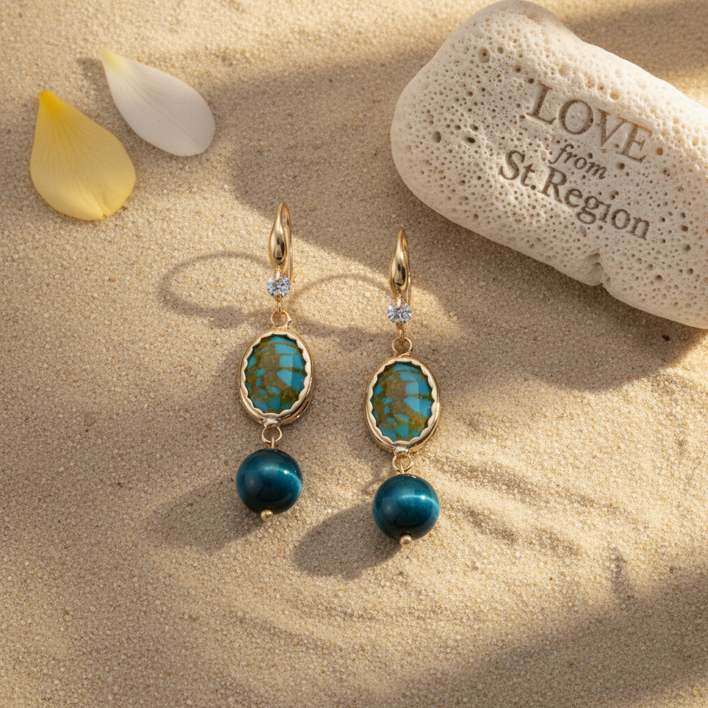 Peacock-Blue Jade & Turqouise Cubic Zirconia Goldtone Oval Round Hook Earrings