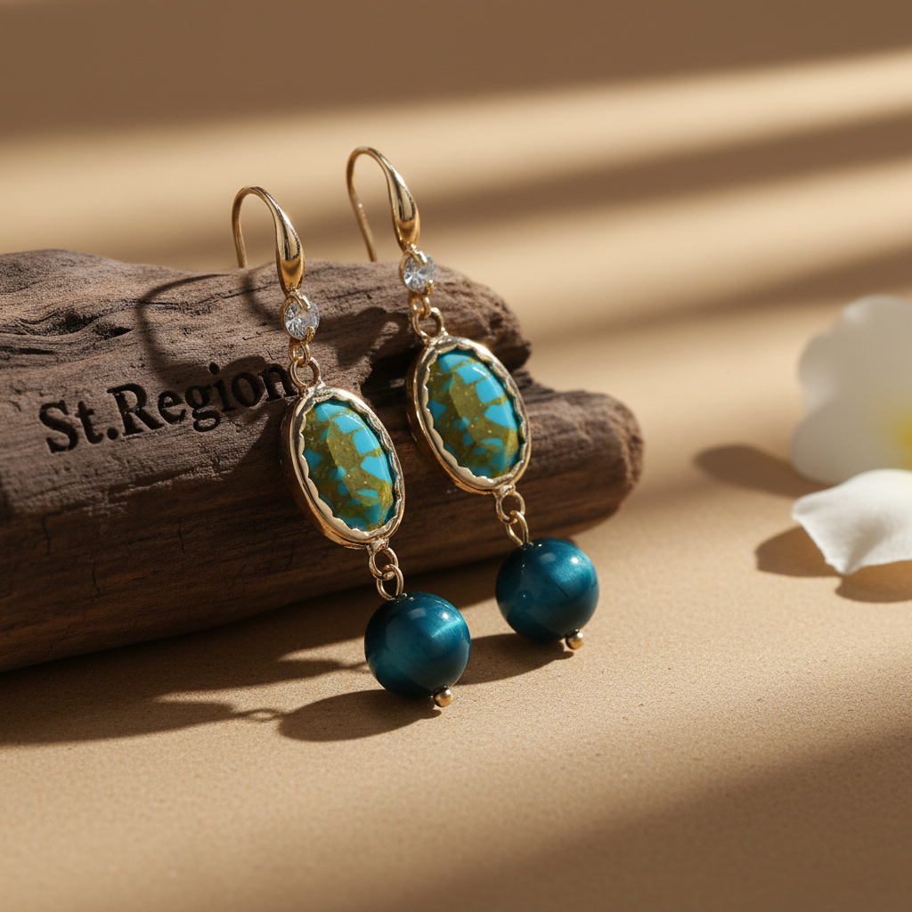 Peacock-Blue Jade & Turqouise Cubic Zirconia Goldtone Oval Round Hook Earrings