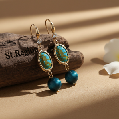 Peacock-Blue Jade & Turqouise Cubic Zirconia Goldtone Oval Round Hook Earrings