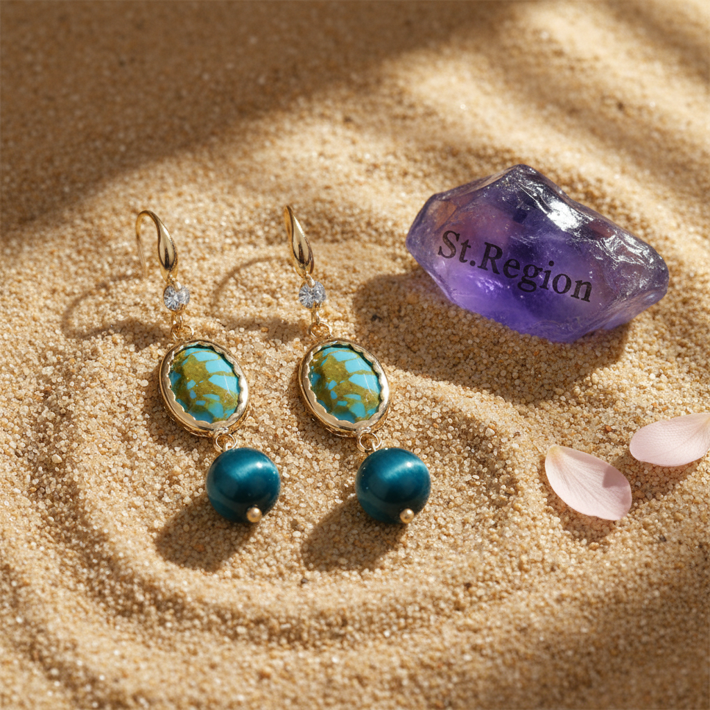 Peacock-Blue Jade & Turqouise Cubic Zirconia Goldtone Oval Round Hook Earrings