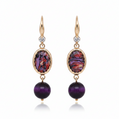Royal Purple Jade & Turqouise Cubic Zirconia Goldtone Oval Round Hook Earrings