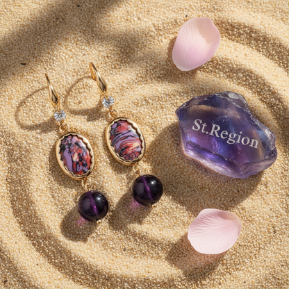 Royal Purple Jade & Turqouise Cubic Zirconia Goldtone Oval Round Hook Earrings