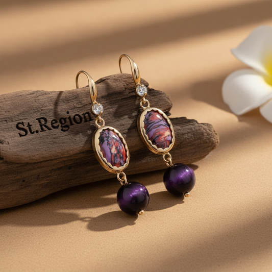 Royal Purple Jade & Turqouise Cubic Zirconia Goldtone Oval Round Hook Earrings