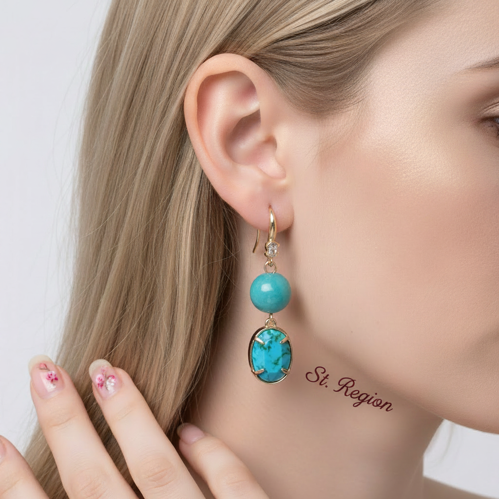 Green Turqouise & Jade Cubic Zirconia Goldtone Oval Round Hook Earrings