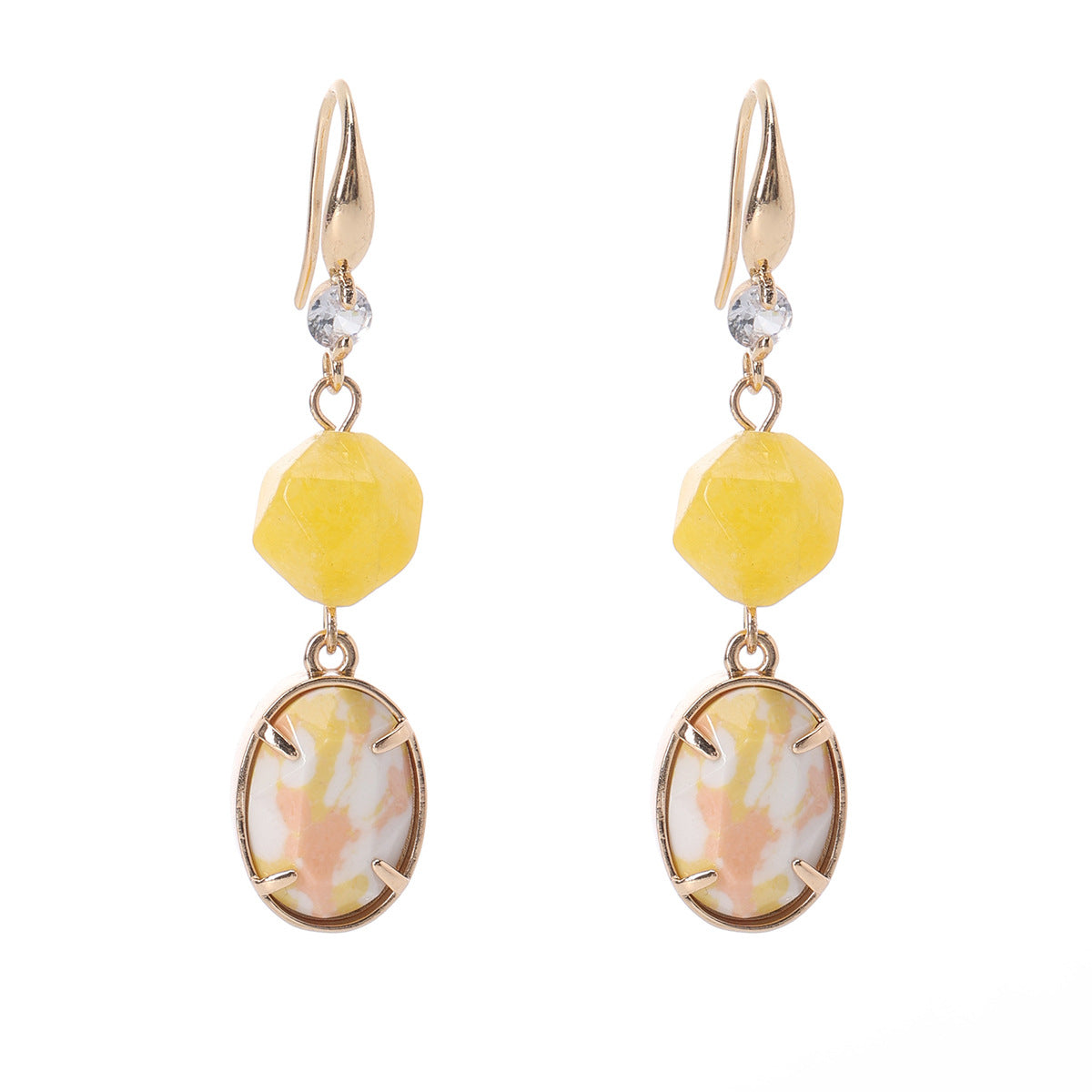 Yellow Turqouise & Jade Cubic Zirconia Goldtone Oval Round Hook Earrings