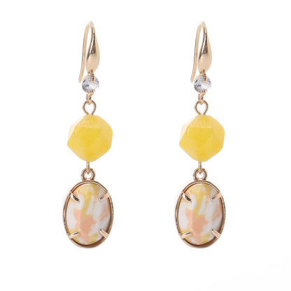 Yellow Turqouise & Jade Cubic Zirconia Goldtone Oval Round Hook Earrings