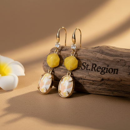 Yellow Turqouise & Jade Cubic Zirconia Goldtone Oval Round Hook Earrings