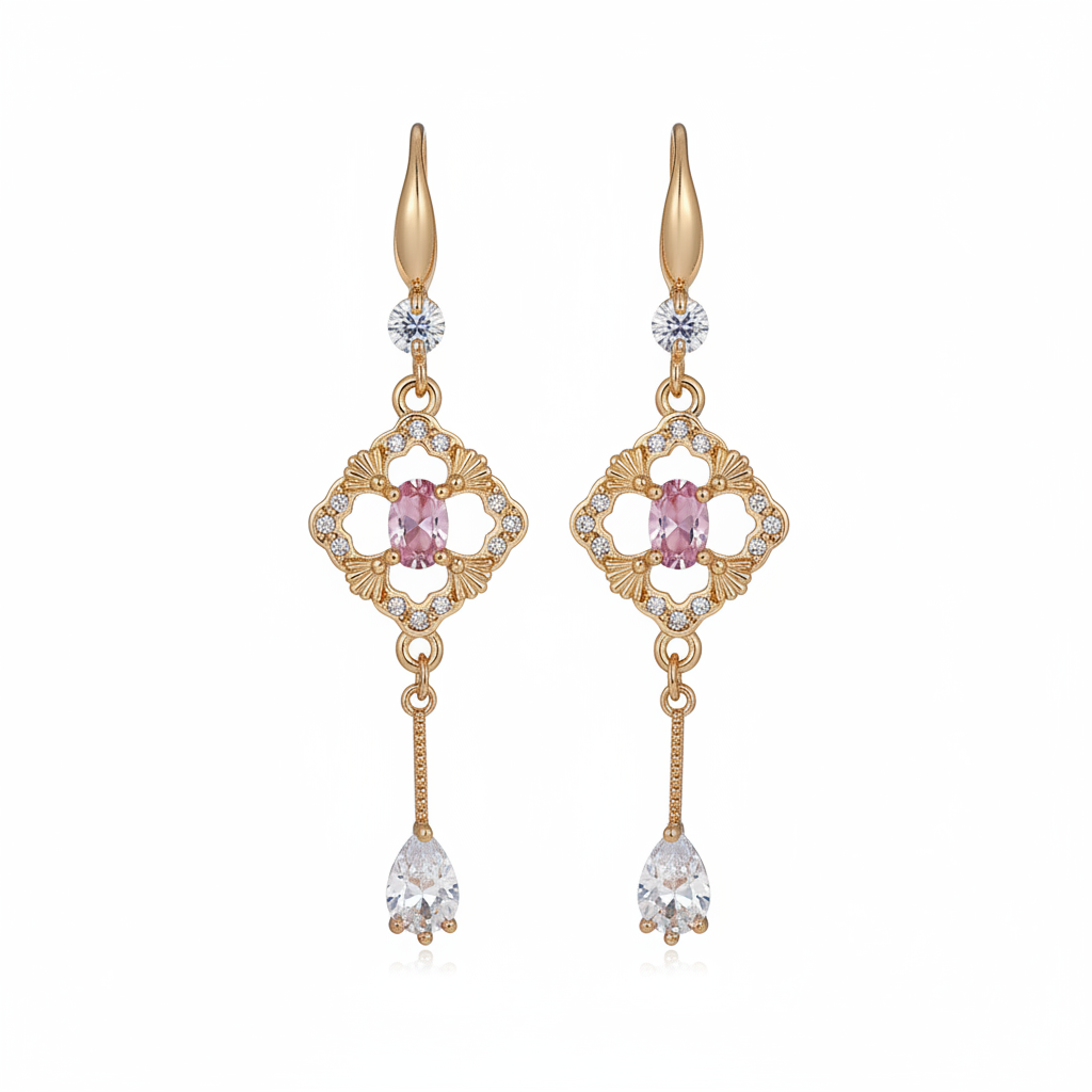 Pink Crystal & Cubic Zirconia Goldtone Rhombus Drop Dangle Earrings