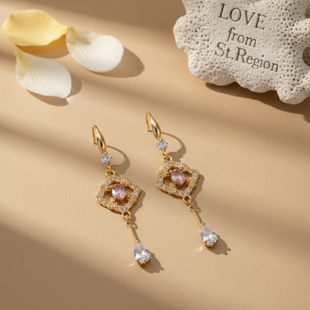 Pink Crystal & Cubic Zirconia Goldtone Rhombus Drop Dangle Earrings