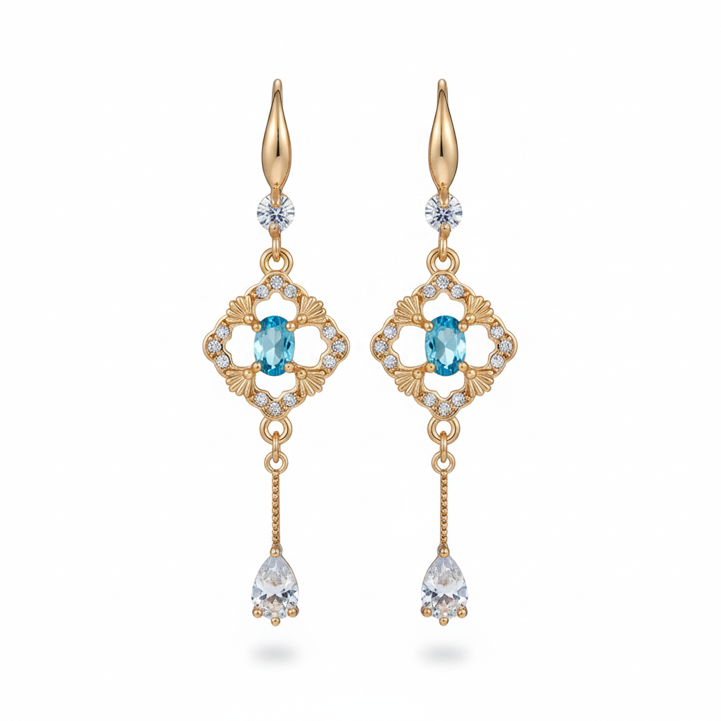 Sea Blue Crystal & Cubic Zirconia Goldtone Rhombus Drop Dangle Earrings