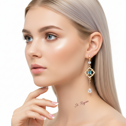 Sea Blue Crystal & Cubic Zirconia Goldtone Rhombus Drop Dangle Earrings