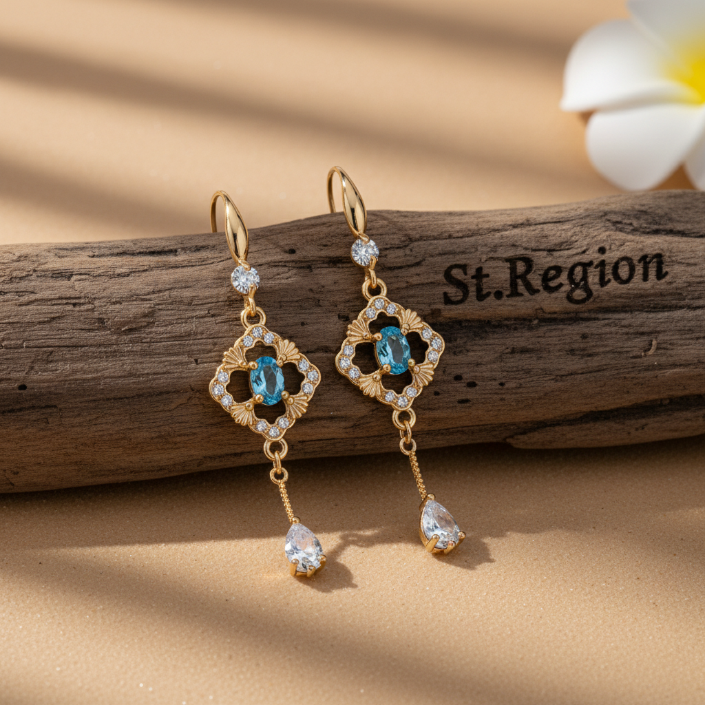 Sea Blue Crystal & Cubic Zirconia Goldtone Rhombus Drop Dangle Earrings