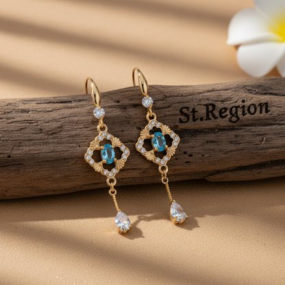 Sea Blue Crystal & Cubic Zirconia Goldtone Rhombus Drop Dangle Earrings