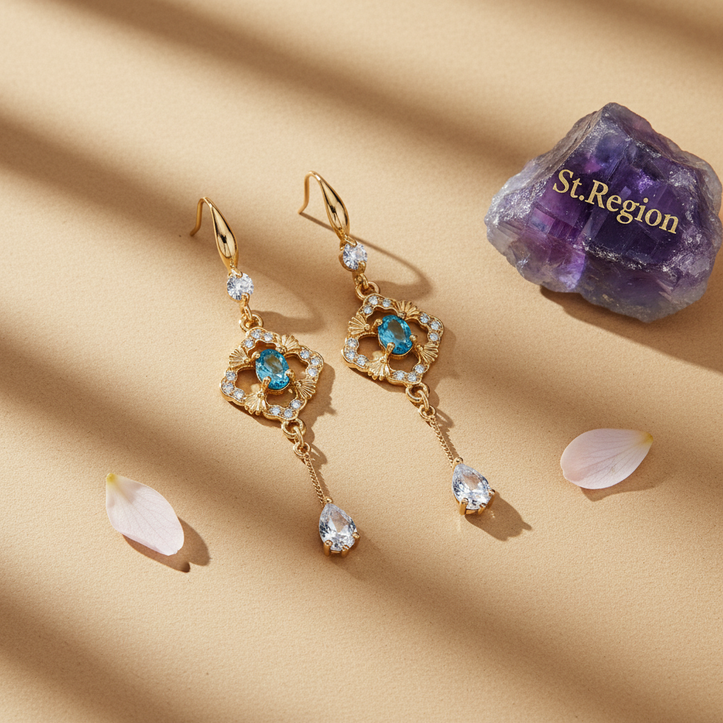 Sea Blue Crystal & Cubic Zirconia Goldtone Rhombus Drop Dangle Earrings
