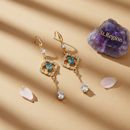 Sea Blue Crystal & Cubic Zirconia Goldtone Rhombus Drop Dangle Earrings