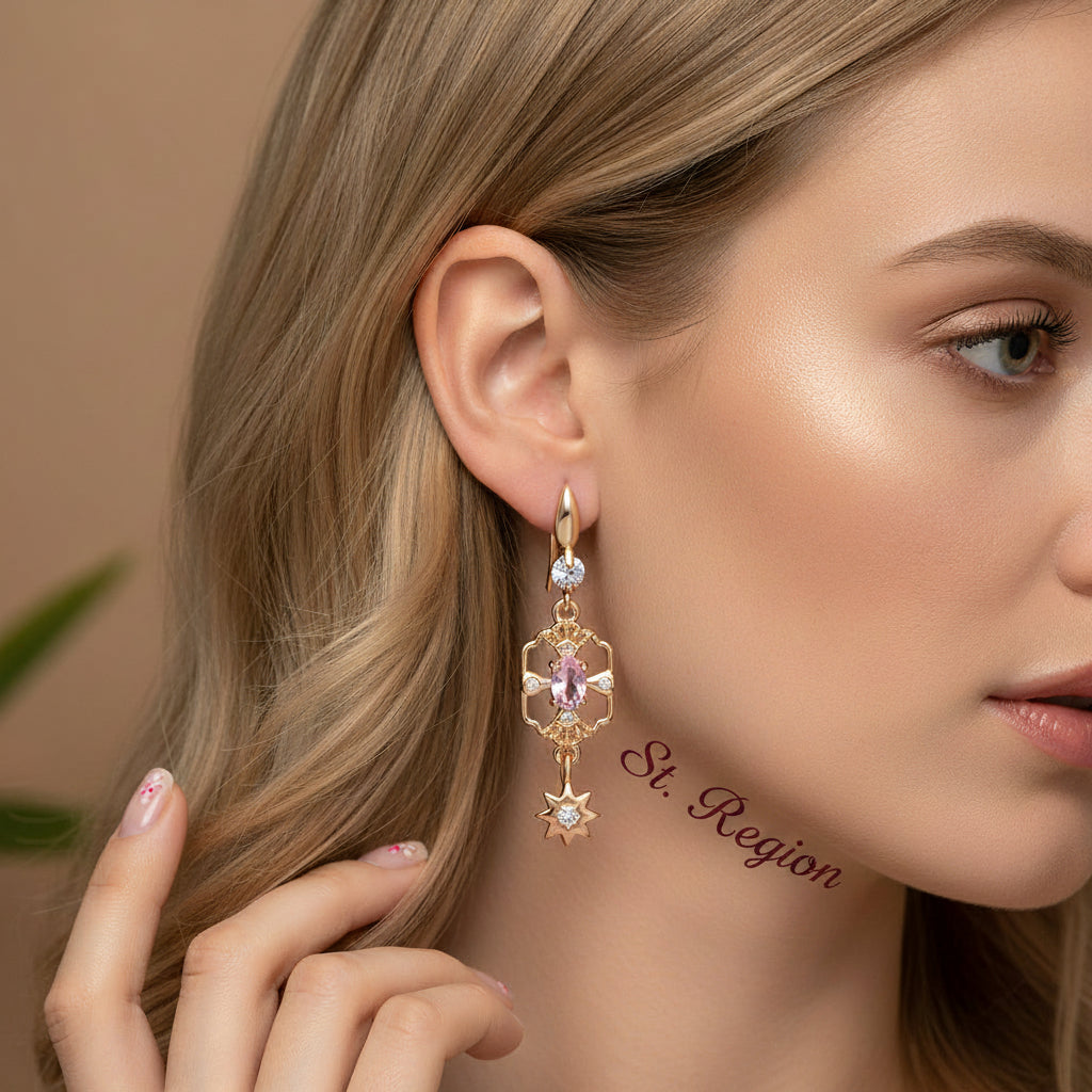 Pink Crystal & Cubic Zirconia Goldtone Scalloped Edge Starburst Hook Earrings