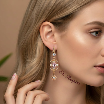 Pink Crystal & Cubic Zirconia Goldtone Scalloped Edge Starburst Hook Earrings