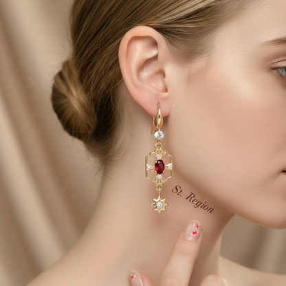 Red Crystal & Cubic Zirconia Goldtone Scalloped Edge Starburst Hook Earrings