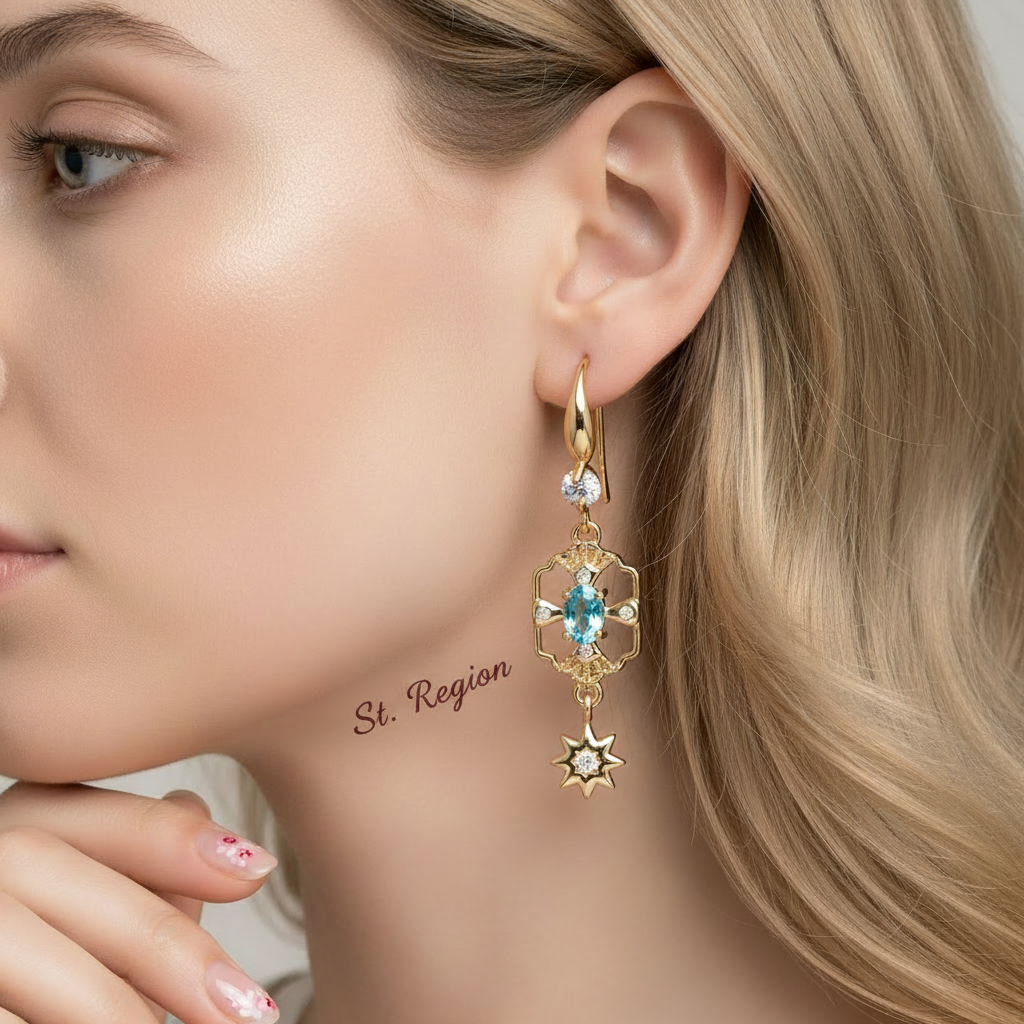 Sea Blue Crystal & Cubic Zirconia Goldtone Scalloped Edge Starburst Hook Earrings