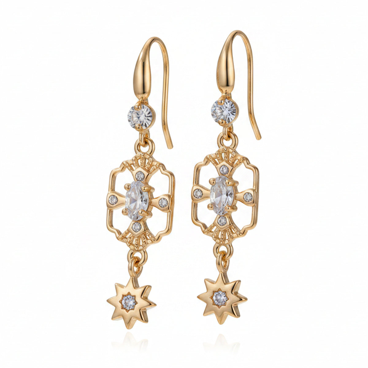 White Crystal & Cubic Zirconia Goldtone Scalloped Edge Starburst Hook Earrings